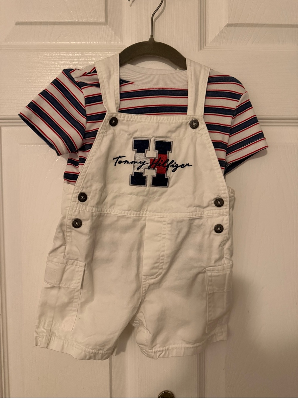 Tommy Hilfiger White Short Overalls with Navy & Red Logo